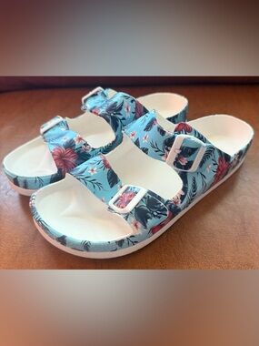 Funky Monkey EVA Slide Sandals Blue Floral Double Buckle Women’s 11